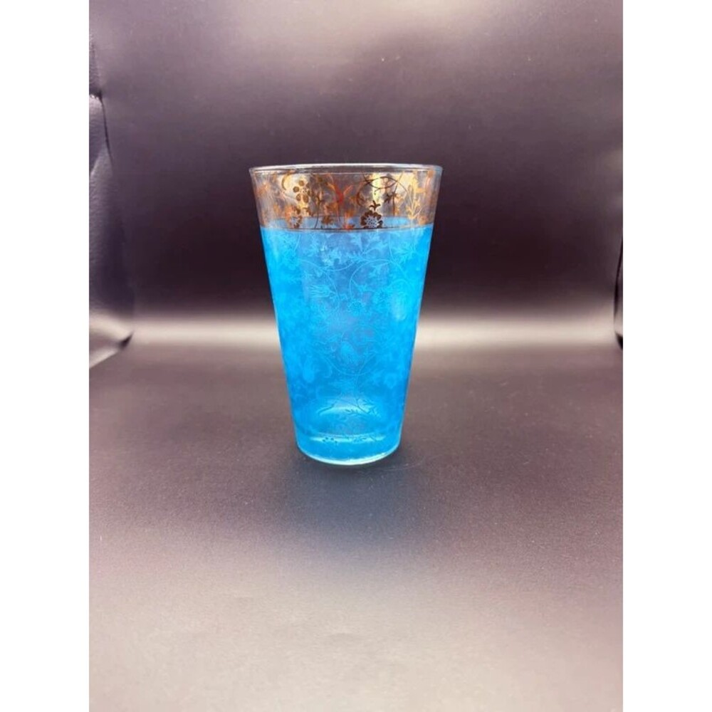 Vintage Cerve Italian Blue Floral Highball Glass Gold Rim Retro